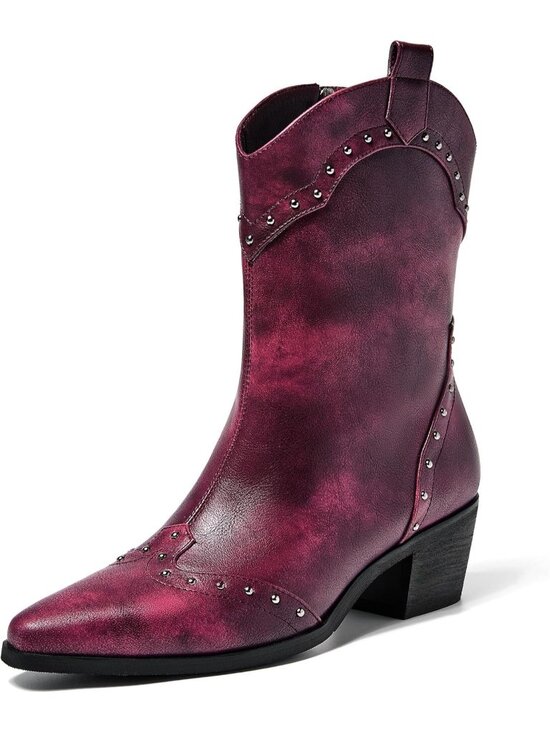 Shoes - Women's Claret Studded Western Ankle Boots Low Block Heel Cowboy Booties Zip